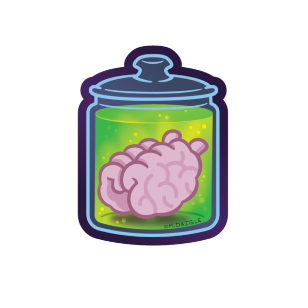 A glow in the dark die-cut sticker with an outline of a lid covering glass jar filled with a bubbling liquid and two hands signing BRAIN.