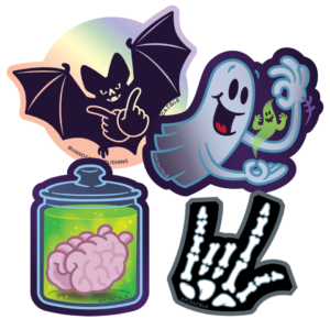 Grab a 4-GLO-in-the-Dark stickers bag! (ASL Brain, Batty Bat, Double Boo, and Howl) Sending some Halloween spells for you spooky sticker lovers!