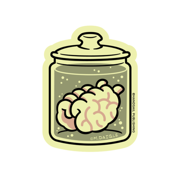 A glow in the dark die-cut sticker with an outline of a lid covering glass jar filled with a bubbling liquid and two hands signing BRAIN.