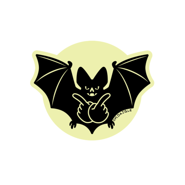 A die-cut sticker in the holographic background with a dark purple outline of flying black bat and signing hands signing BAT.