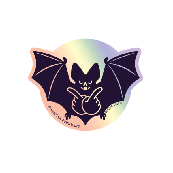 A die-cut sticker in the holographic background with a dark purple outline of flying black bat and signing hands signing BAT.