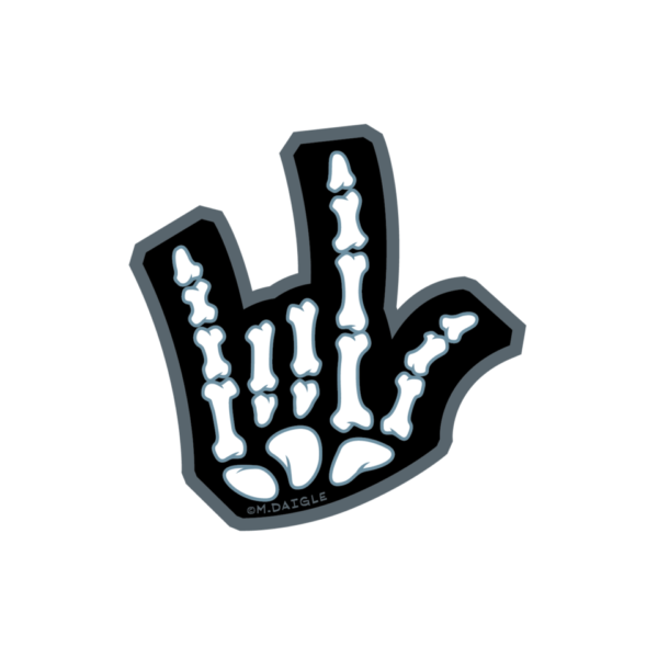 A die-cut black sticker with grey thick outline around a I-L-Y skeleton’s handshape.