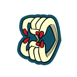 A die-cut sticker of two hands with red long fingernails, signing FANGS, transformed into like a plastic mouth piece with fangs.