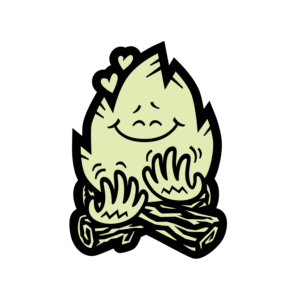 A black-and-white die-cut cartoon sticker of a happy, smiling campfire flame character signing sitting on logs. The character has two small hearts floating near its head and is signing FIRE in ASL with both hands open in front of it.