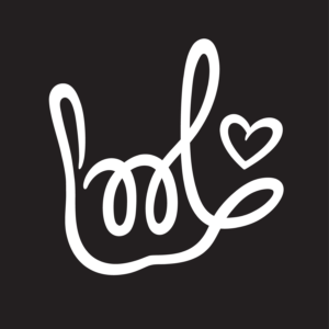 A die-cut sticker featuring a stylized ASL "I Love You" handshape from the Forever ILY design line. The design uses a flowing line on a colored background, featuring a small heart tucked next to the index finger.