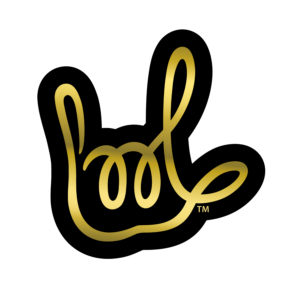A die-cut sticker featuring a minimalist, stylized ASL "I Love You" handshape from the Forever ILY design line. The design uses a sleek metallic gold line against a solid black background, finished with a thin gold border.