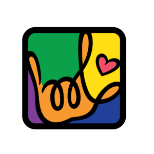 A square, rounded-corner magnet featuring a vibrant, stylized graphic of the ASL "I Love You" handshape outlined in bold black. The hand is a golden-orange color against a color-blocked background of green, yellow, purple, and blue, featuring a small pink heart next to the index finger.