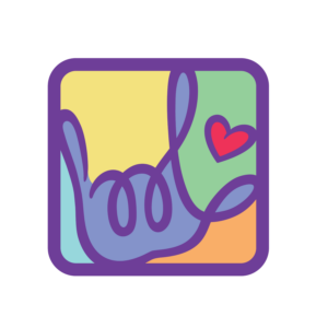 A square, rounded-corner sticker featuring a stylized ASL "I Love You" handshape in lavender and deep purple against a pastel color-blocked background of yellow, green, peach, and blue, featuring a small red-orange heart.