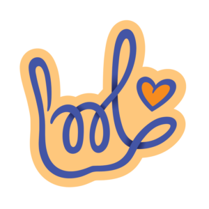A die-cut sticker featuring a stylized ASL "I Love You" handshape from the Forever ILY design line. The design uses a flowing line on a colored background, featuring a small heart tucked next to the index finger.
