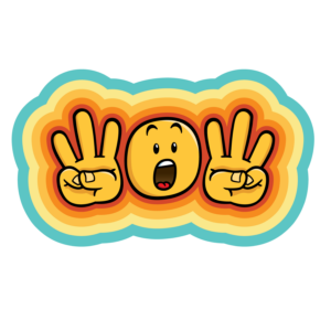 A colorful, die-cut cartoon sticker signing WOW." It features a central surprised emoji face for the O flanked on both sides by illustrated hands showing the finger spelled letters W handshape all set against a retro, multi-layered colorful border.